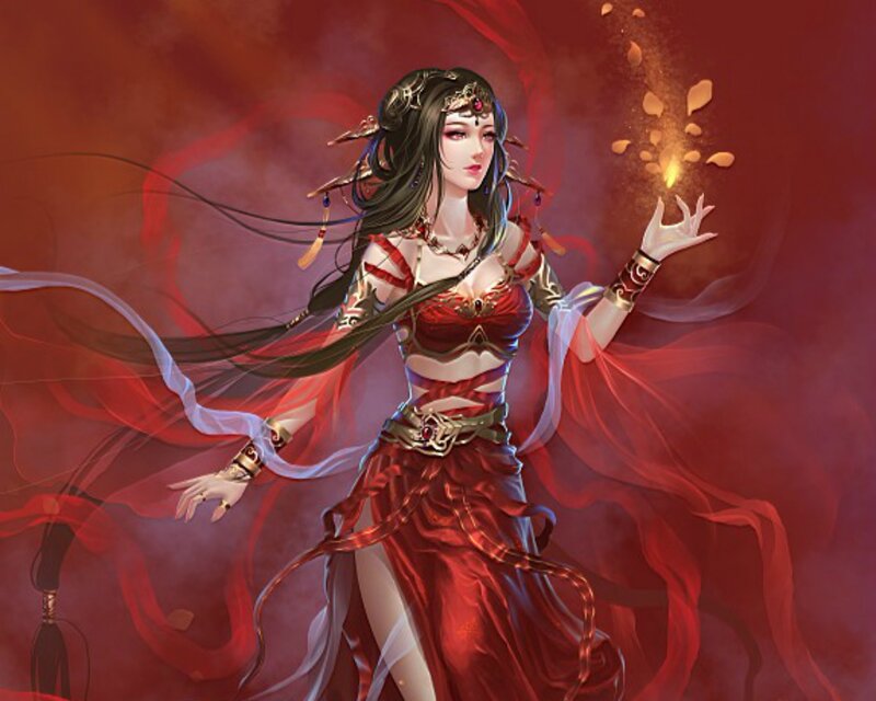 Woman in Red Dress — Dramatic, Digital Art, Magic