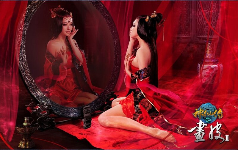 Woman in Red Dress — Dramatic, Digital Art, Mirror, Vase, Curtain
