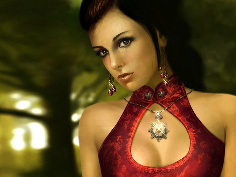 Woman in Red Dress — Dramatic, Digital Art, Necklace