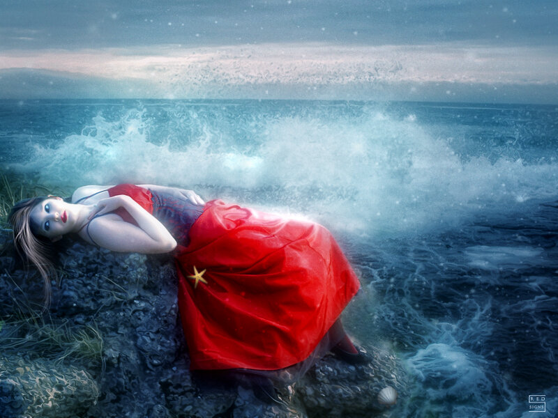 Woman in Red Dress — Dramatic, Digital Art, Ocean