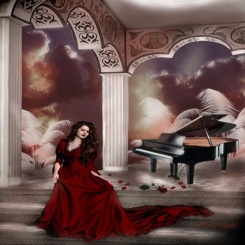 Woman in Red Dress — Dramatic, Digital Art, Piano, Rose