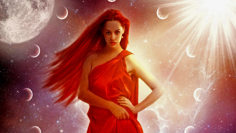 Woman in Red Dress — Dramatic, Digital Art, Planets