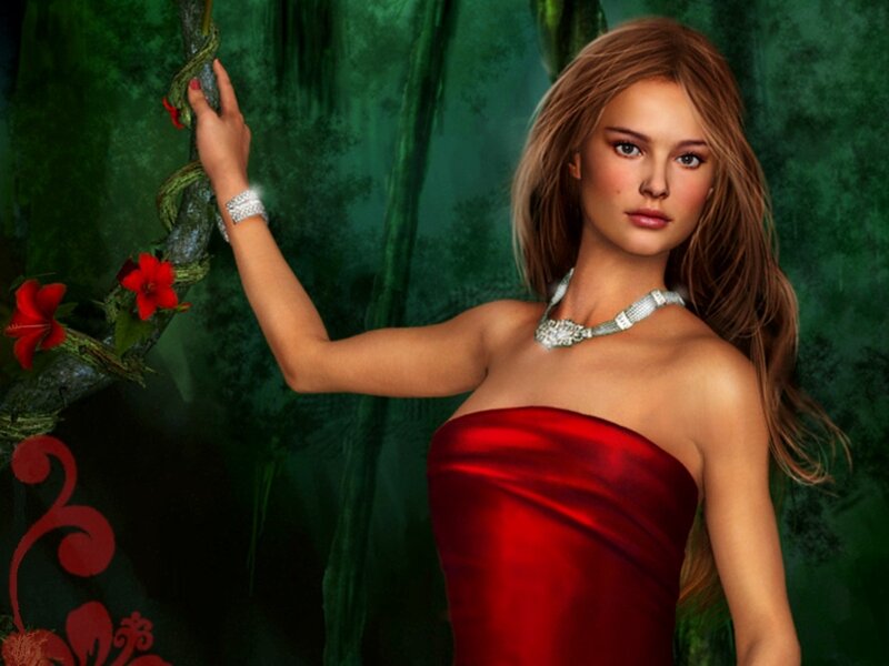 Woman in Red Dress — Dramatic, Digital Art, Red Flowers