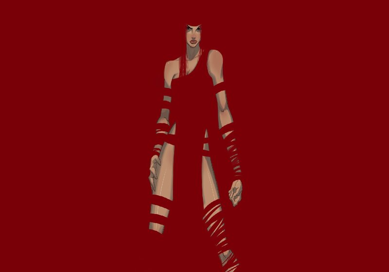 Woman in Red Dress — Dramatic, Digital Art, Red Hair, Striped Clothing