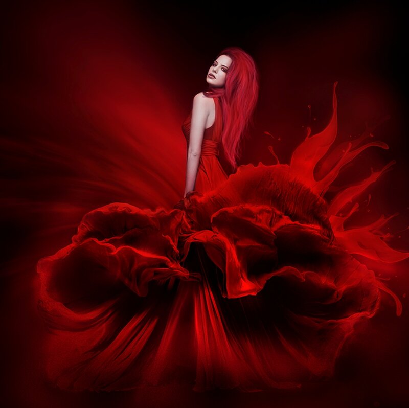 Woman in Red Dress — Dramatic, Digital Art, Red Hair