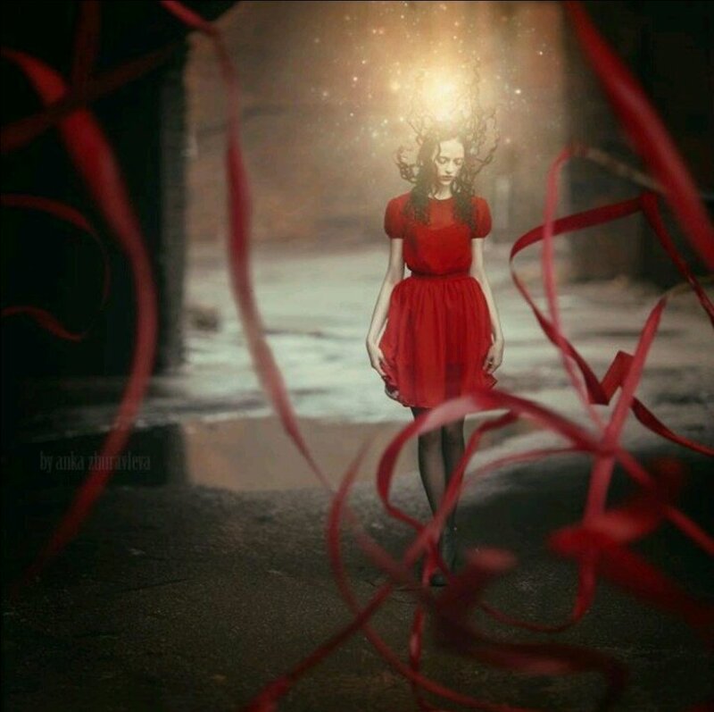 Woman in Red Dress — Dramatic, Digital Art, Red Ribbons