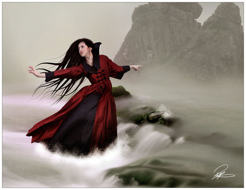 Woman in Red Dress — Dramatic, Digital Art, River