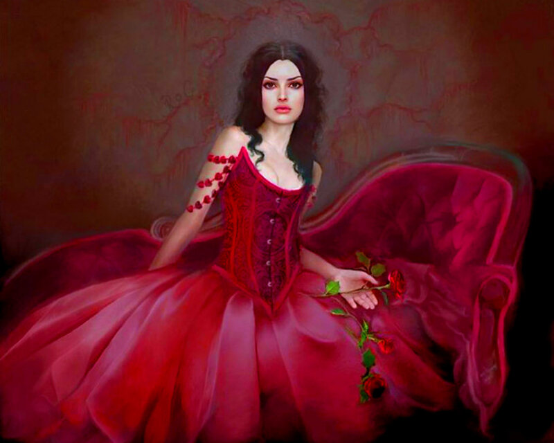 Woman in Red Dress — Dramatic, Digital Art, Rose, Corset