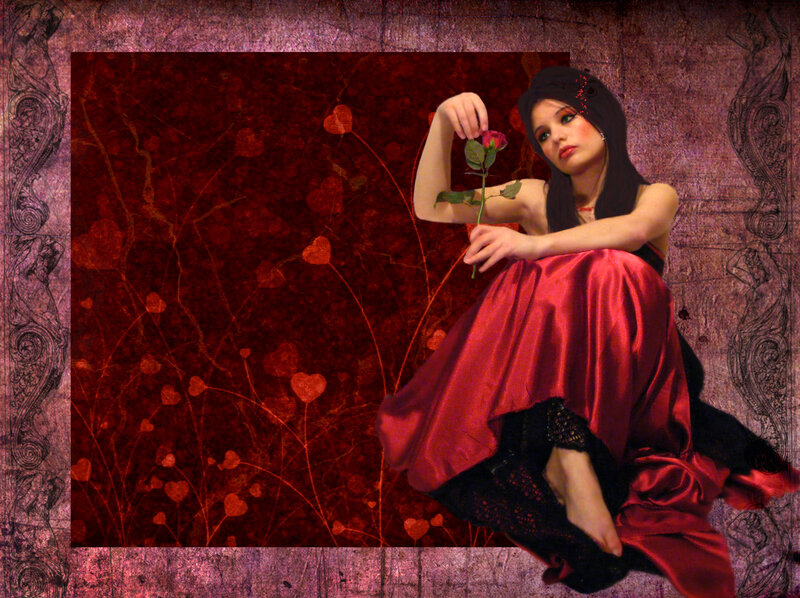 Woman in Red Dress — Dramatic, Digital Art, Rose, Hearts