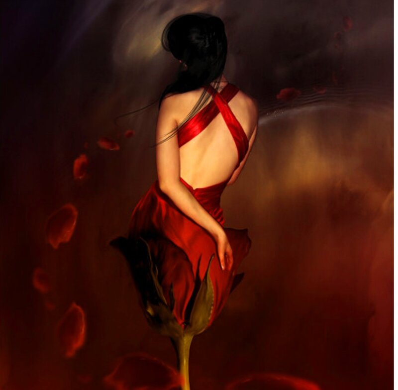 Woman in Red Dress — Dramatic, Digital Art, Rose Petals, Back View