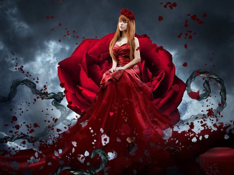 Woman in Red Dress — Dramatic, Digital Art, Rose, Petals, Clouds