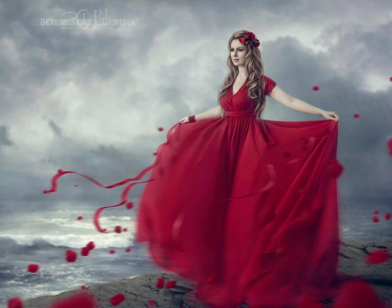 Woman in Red Dress — Dramatic, Digital Art, Rose Petals, Ocean