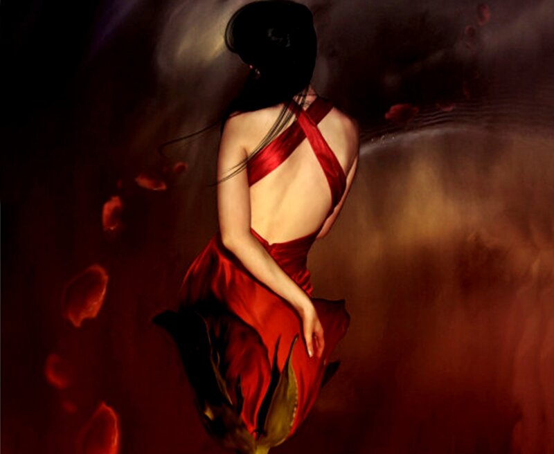 Woman in Red Dress — Dramatic, Digital Art, Rose Petals