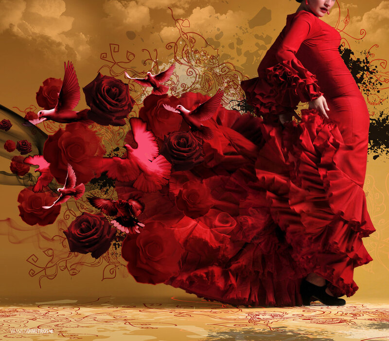 Woman in Red Dress — Dramatic, Digital Art, Roses, Doves