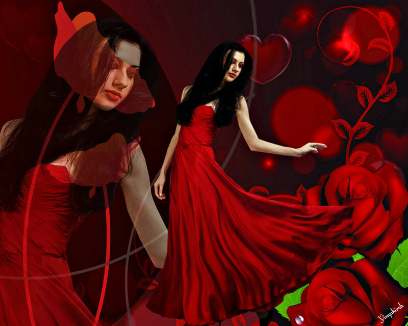 Woman in Red Dress — Dramatic, Digital Art, Roses, Hearts
