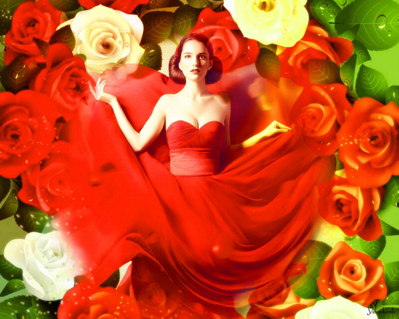 Woman in Red Dress — Dramatic, Digital Art, Roses, Leaves