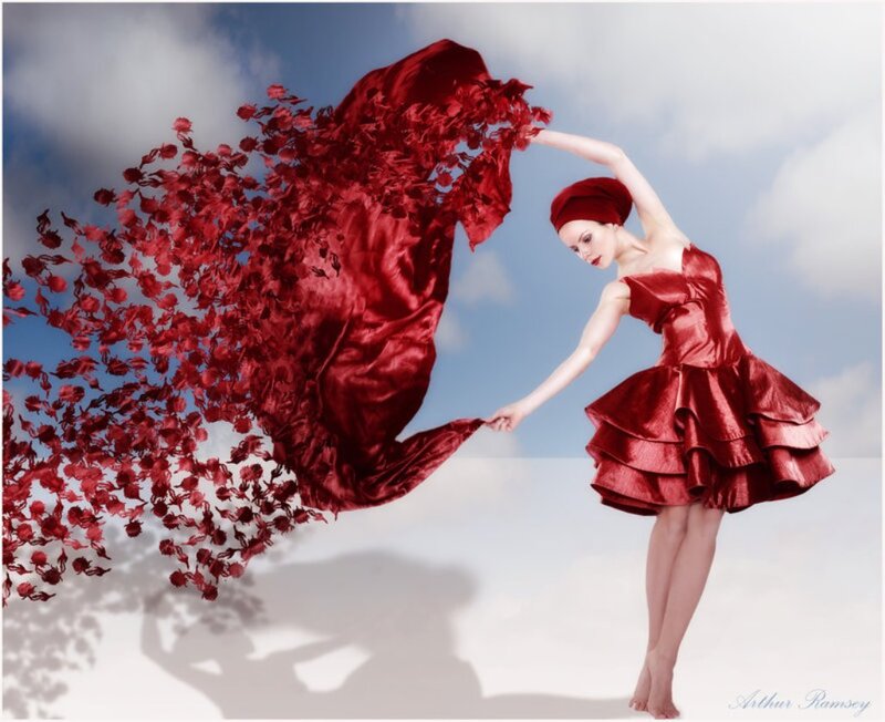 Woman in Red Dress — Dramatic, Digital Art, Scarf, Sky