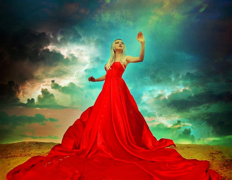 Woman in Red Dress — Dramatic, Digital Art, Sky