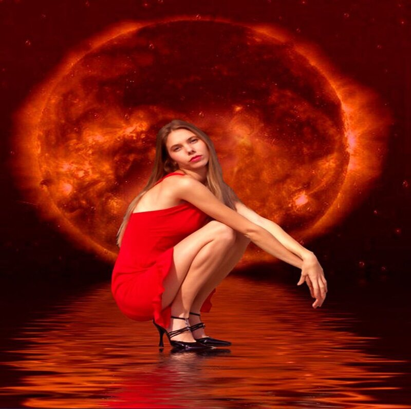 Woman in Red Dress — Dramatic, Digital Art, Solar Body