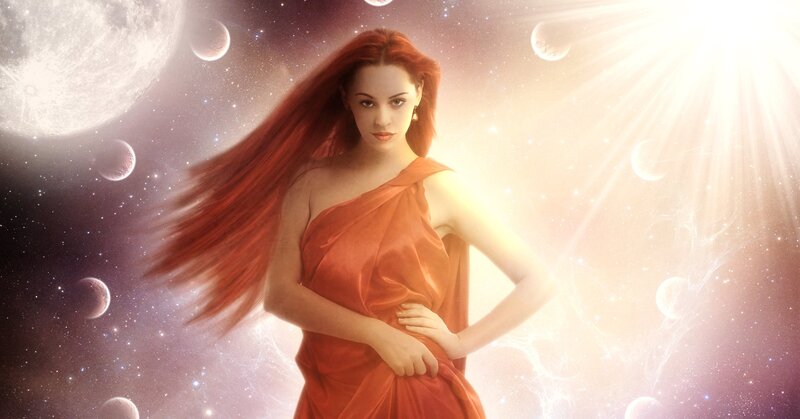 Woman in Red Dress — Dramatic, Digital Art, Space