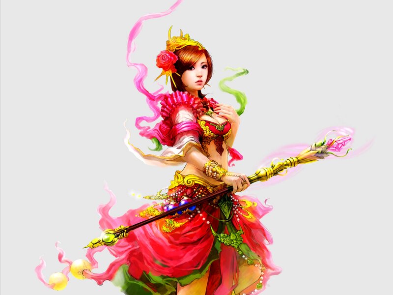 Woman in Red Dress — Dramatic, Digital Art, Staff, Rose