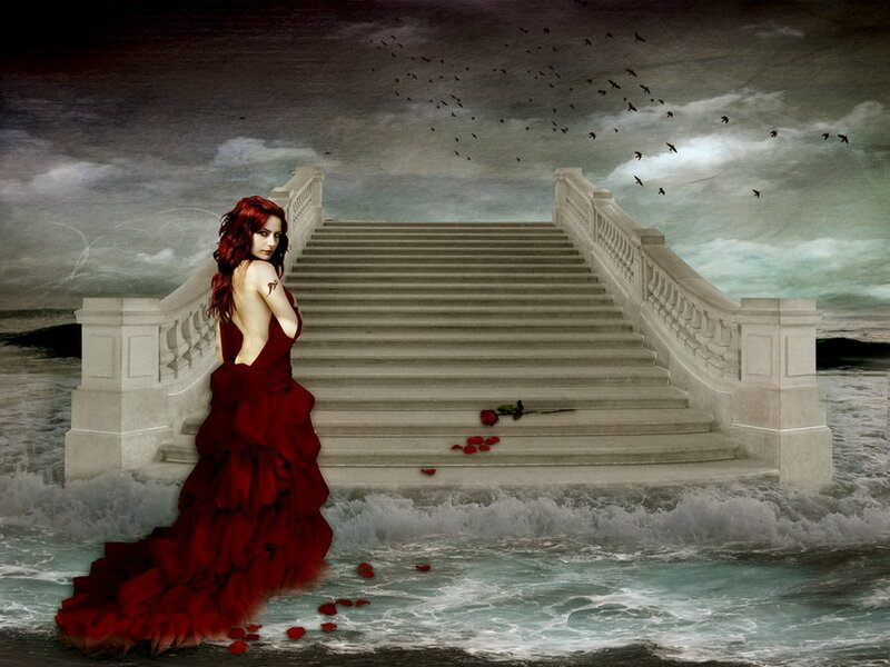 Woman in Red Dress — Dramatic, Digital Art, Stairs, Ocean