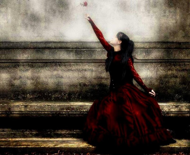 Woman in Red Dress — Dramatic, Digital Art, Stairs, Rose