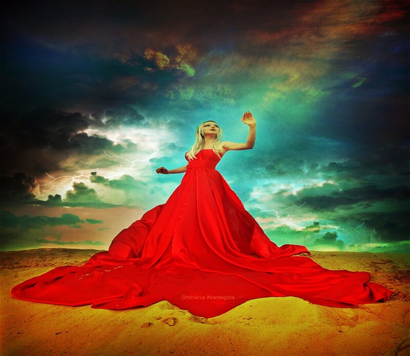 Woman in Red Dress — Dramatic, Digital Art, Storm