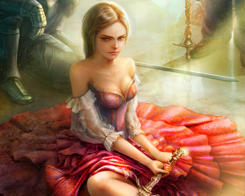Woman in Red Dress — Dramatic, Digital Art, Sword, Armored Figure