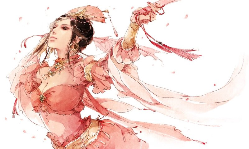 Woman in Red Dress — Dramatic, Digital Art, Sword, Fan