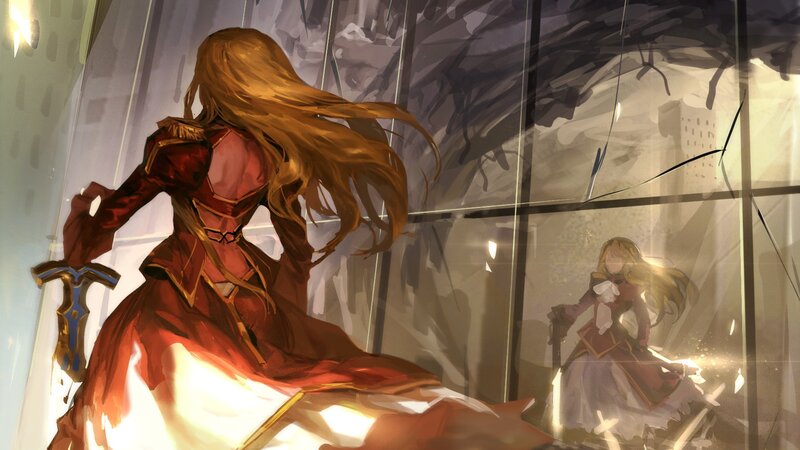 Woman in Red Dress — Dramatic, Digital Art, Sword, Glass
