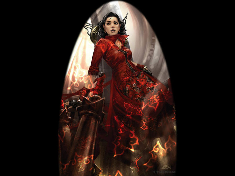 Woman in Red Dress — Dramatic, Digital Art, Sword, Light
