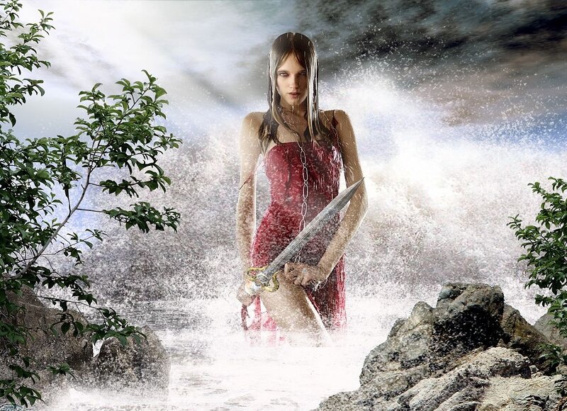 Woman in Red Dress — Dramatic, Digital Art, Sword, Water