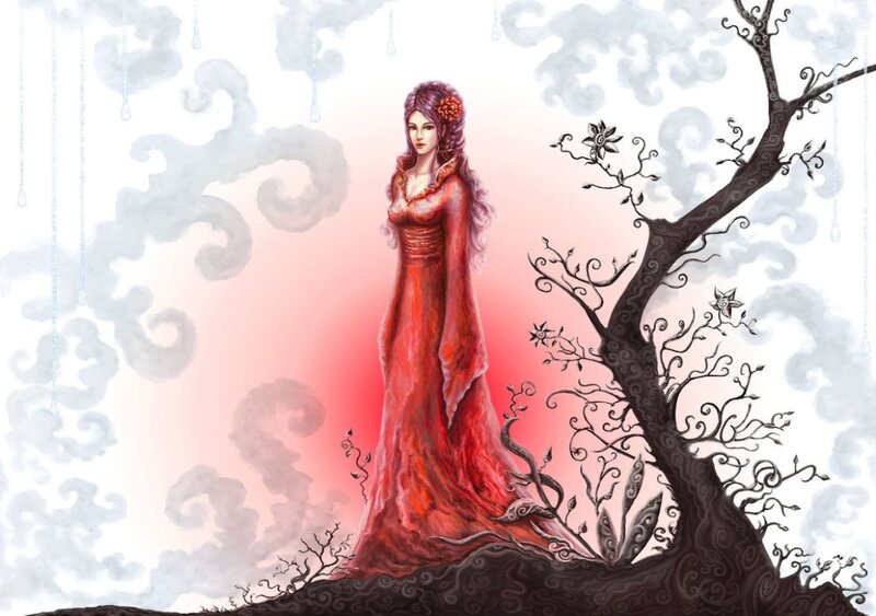 Woman in Red Dress — Dramatic, Digital Art, Tree, Clouds