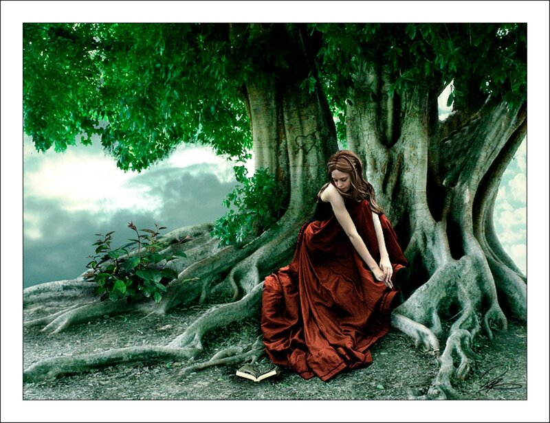 Woman in Red Dress — Dramatic, Digital Art, Tree