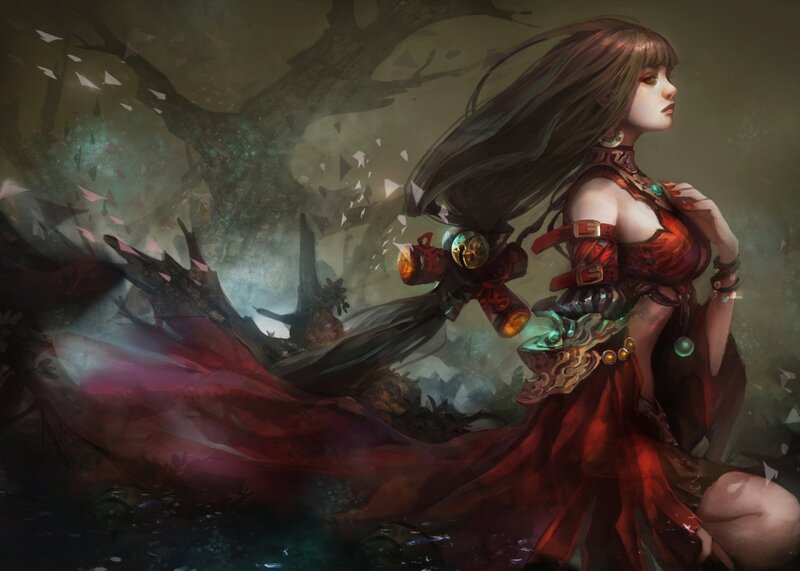 Woman in Red Dress — Dramatic, Digital Art, Tree, Weapon