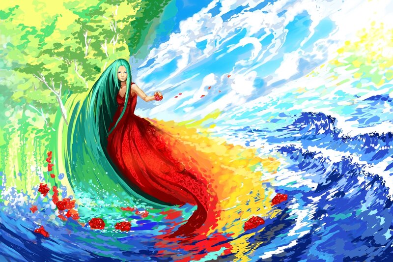 Woman in Red Dress — Dramatic, Digital Art, Trees, Waves