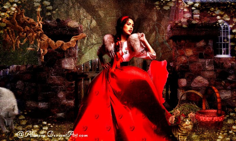 Woman in Red Dress — Dramatic, Digital Art, Wolf, Cat