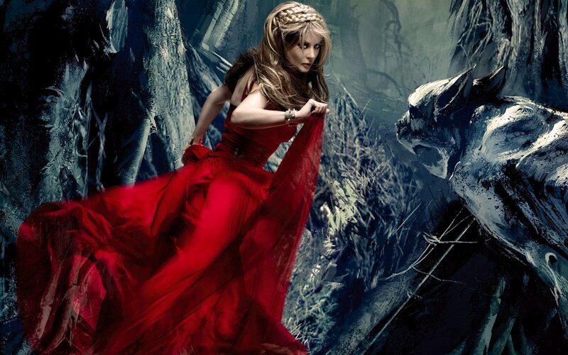 Woman in Red Dress — Dramatic, Digital Art, Wolf