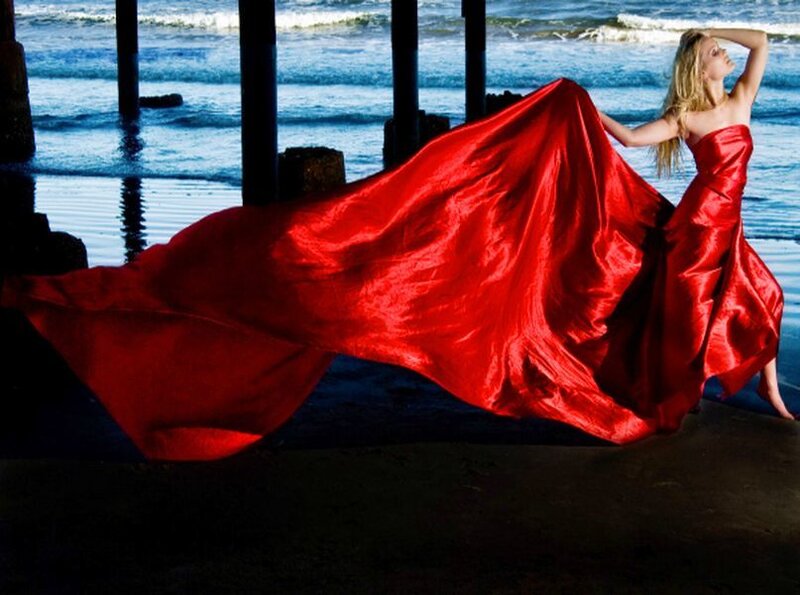 Woman in Red Dress — Dramatic, Evening, Photograph, Ocean