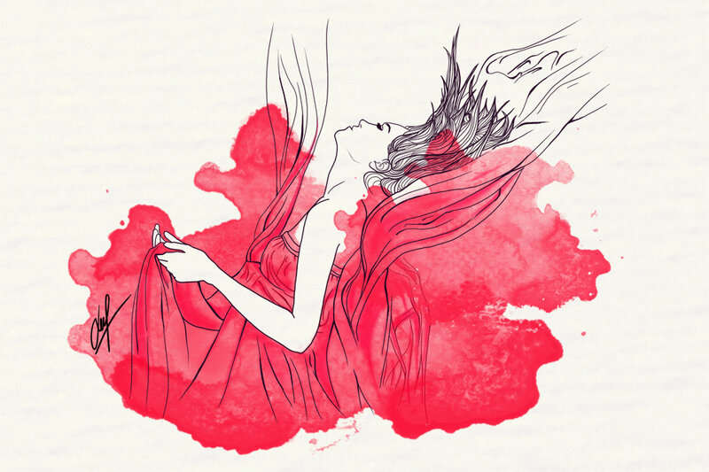 Woman in Red Dress — Dramatic, Illustration, Hair