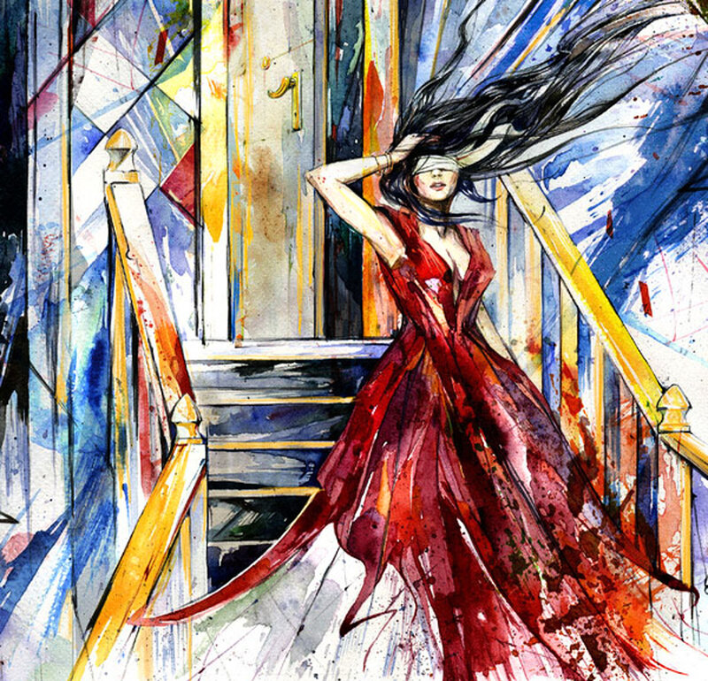 Woman in Red Dress — Dramatic, Illustration, Stairs, Door