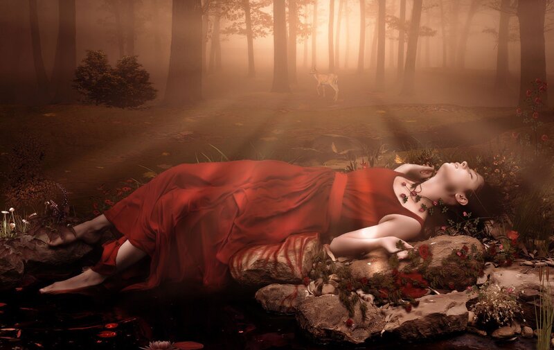 Woman in Red Dress — Dramatic, Morning, Digital Art