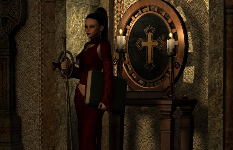Woman in Red Dress — Dramatic, Night, 3d Render, Candle