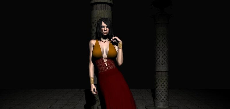 Woman in Red Dress — Dramatic, Night, 3d Render, Column