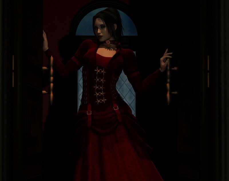 Woman in Red Dress — Dramatic, Night, 3d Render, Door