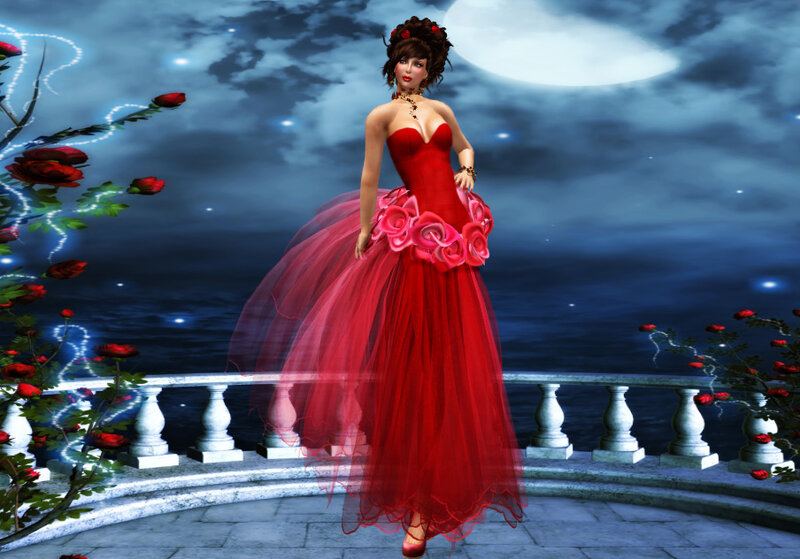 Woman in Red Dress — Dramatic, Night, 3d Render, Moon