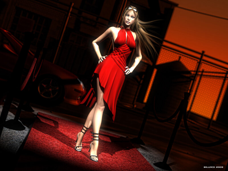 Woman in Red Dress — Dramatic, Night, 3d Render, Red Carpet