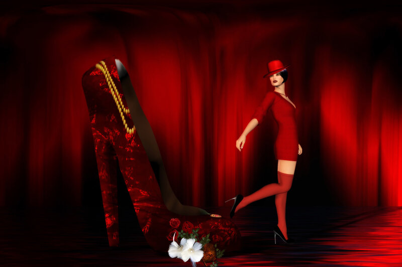 Woman in Red Dress — Dramatic, Night, 3d Render, Red Hat
