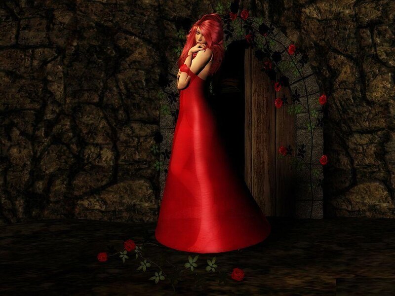 Woman in Red Dress — Dramatic, Night, 3d Render, Red Roses